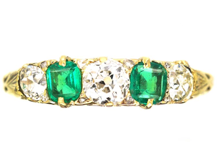 Victorian 18ct Gold, Emerald & Diamond Carved Half Hoop Ring