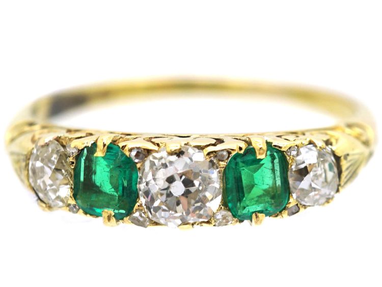 Victorian 18ct Gold, Emerald & Diamond Carved Half Hoop Ring