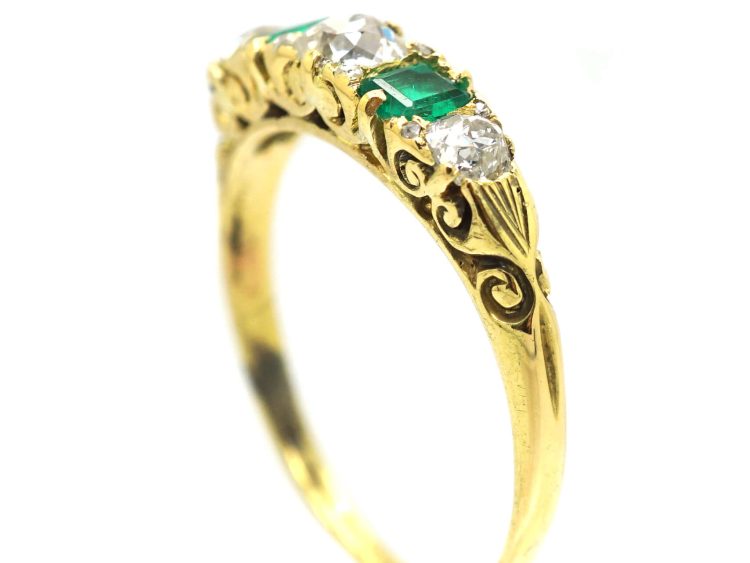 Victorian 18ct Gold, Emerald & Diamond Carved Half Hoop Ring