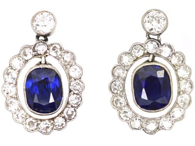 Early 20th Century 18ct White Gold & Platinum Sapphire & Diamond Cluster Drop Earrings