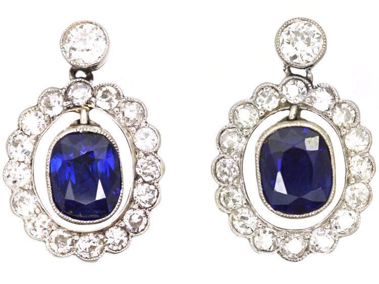 Early 20th Century 18ct White Gold & Platinum Sapphire & Diamond Cluster Drop Earrings