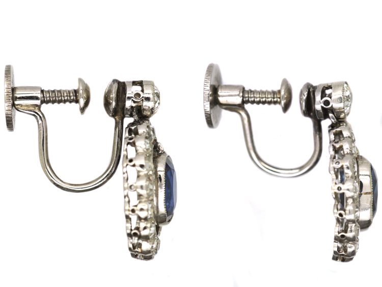 Early 20th Century 18ct White Gold & Platinum Sapphire & Diamond Cluster Drop Earrings