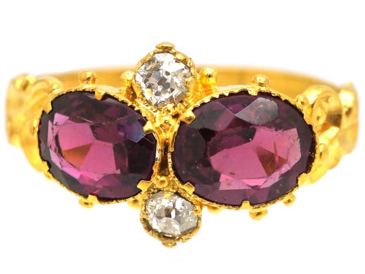 Early Victorian 15ct Gold Two Stone Garnet & Diamond Ring
