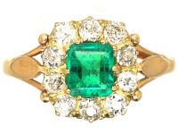 Edwardian 18ct Gold Emerald & Diamond Rectangular Cluster Ring