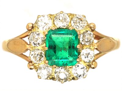 Edwardian 18ct Gold Emerald & Diamond Rectangular Cluster Ring