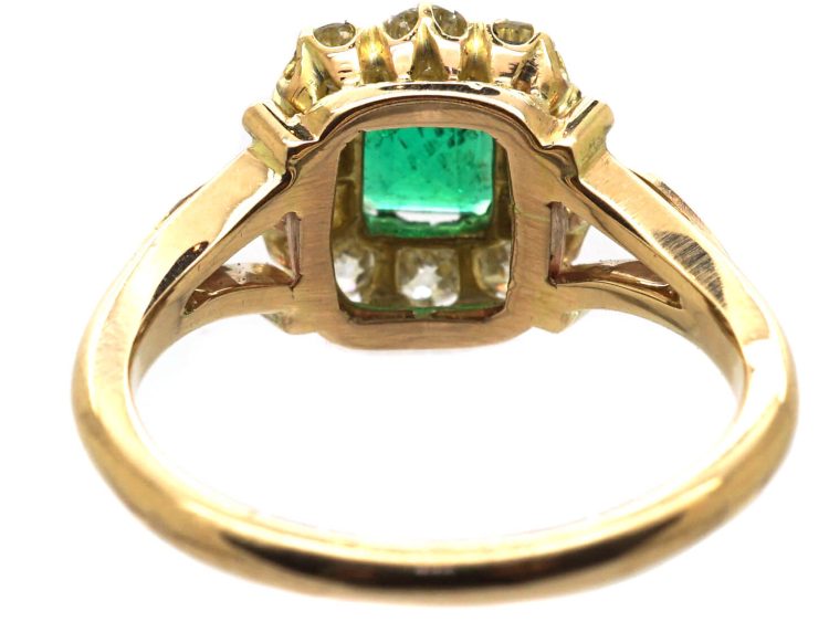 Edwardian 18ct Gold Emerald & Diamond Rectangular Cluster Ring