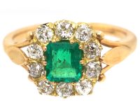 Edwardian 18ct Gold Emerald & Diamond Rectangular Cluster Ring