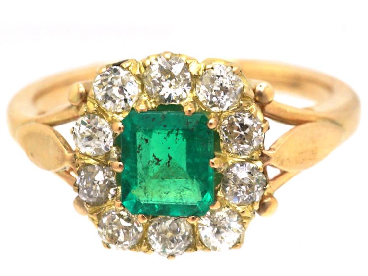 Edwardian 18ct Gold Emerald & Diamond Rectangular Cluster Ring