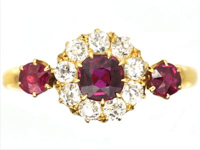 Victorian 18ct Gold Ruby & Diamond Cluster Ring with Ruby Shoulders