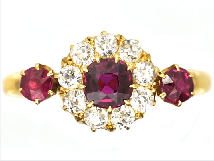 Victorian 18ct Gold Ruby & Diamond Cluster Ring with Ruby Shoulders