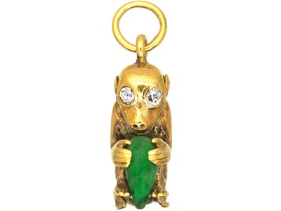 Early 20th Century 18ct Gold & Jade Monkey with Diamond Eyes Pendant