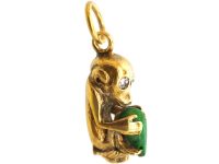 Early 20th Century 18ct Gold & Jade Monkey with Diamond Eyes Pendant