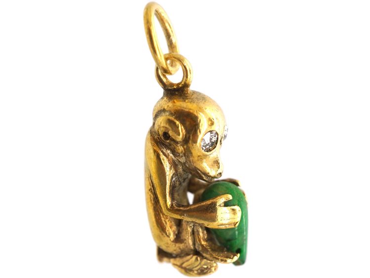 Early 20th Century 18ct Gold & Jade Monkey with Diamond Eyes Pendant