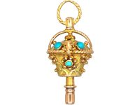 Georgian 15ct Three Colour Gold Giardinetti Watch Key set with Turquoise