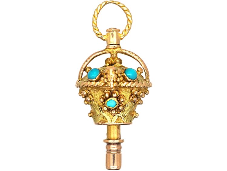 Georgian 15ct Three Colour Gold Giardinetti Watch Key set with Turquoise
