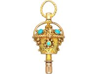 Georgian 15ct Three Colour Gold Giardinetti Watch Key set with Turquoise