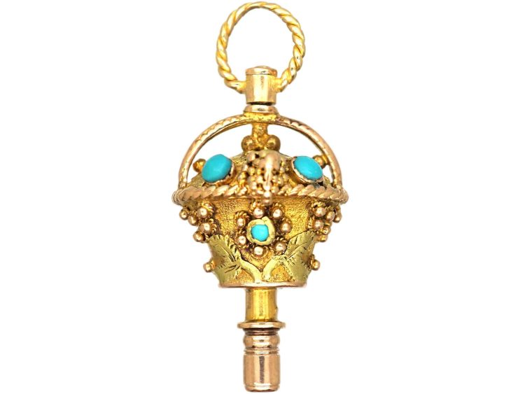 Georgian 15ct Three Colour Gold Giardinetti Watch Key set with Turquoise