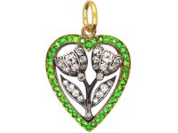 Belle Epoque French Import 18ct Gold & Silver Heart Pendant set with Diamonds & Green Garnets