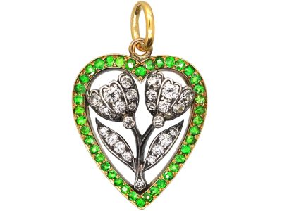 Belle Epoque French Import 18ct Gold & Silver Heart Pendant set with Diamonds & Green Garnets