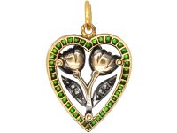 Belle Epoque French Import 18ct Gold & Silver Heart Pendant set with Diamonds & Green Garnets