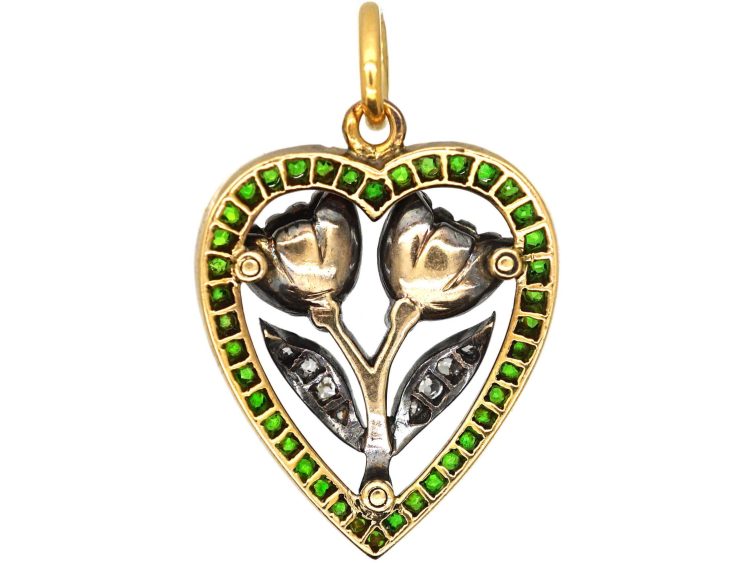 Belle Epoque French Import 18ct Gold & Silver Heart Pendant set with Diamonds & Green Garnets
