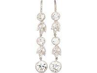 Edwardian Platinum Drop Leaf & Bud Earrings set with Transition Cut Diamonds & Rose Diamonds