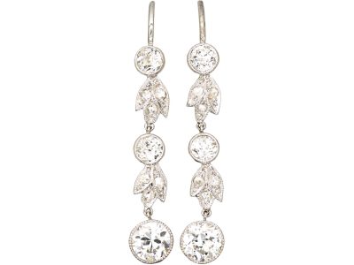 Edwardian Platinum Drop Leaf & Bud Earrings set with Transition Cut Diamonds & Rose Diamonds