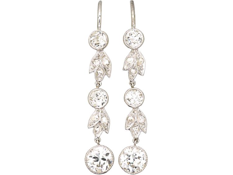 Edwardian Platinum Drop Leaf & Bud Earrings set with Transition Cut Diamonds & Rose Diamonds