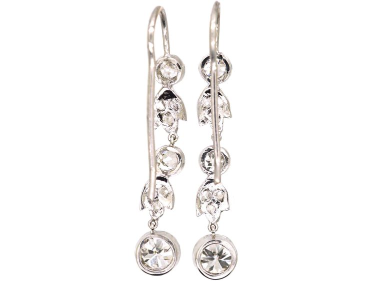 Edwardian Platinum Drop Leaf & Bud Earrings set with Transition Cut Diamonds & Rose Diamonds