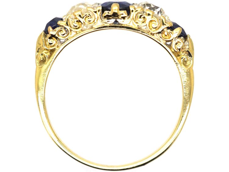 Victorian 18ct Gold, Sapphire & Diamond Five Stone Carved Half Hoop Ring