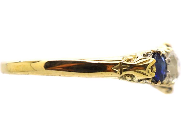 Victorian 18ct Gold, Sapphire & Diamond Five Stone Carved Half Hoop Ring