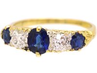 Victorian 18ct Gold, Sapphire & Diamond Five Stone Carved Half Hoop Ring