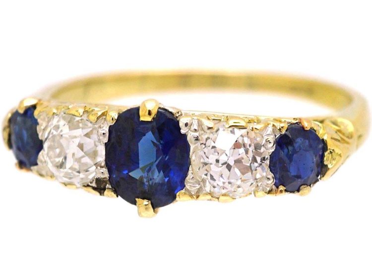 Victorian 18ct Gold, Sapphire & Diamond Five Stone Carved Half Hoop Ring