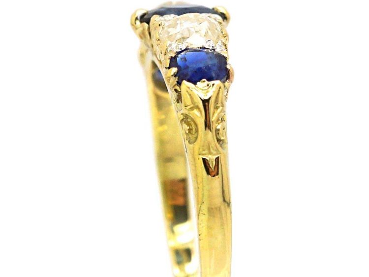Victorian 18ct Gold, Sapphire & Diamond Five Stone Carved Half Hoop Ring