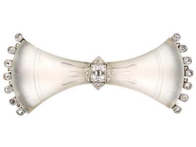 Art Deco 18ct Gold & Platinum Frosted Rock Crystal & Diamond Bow Brooch