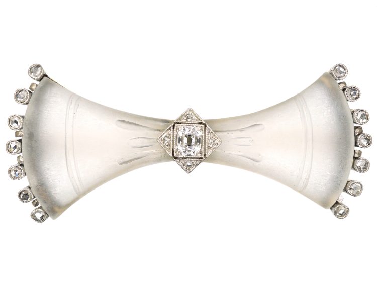 Art Deco 18ct Gold & Platinum Frosted Rock Crystal & Diamond Bow Brooch
