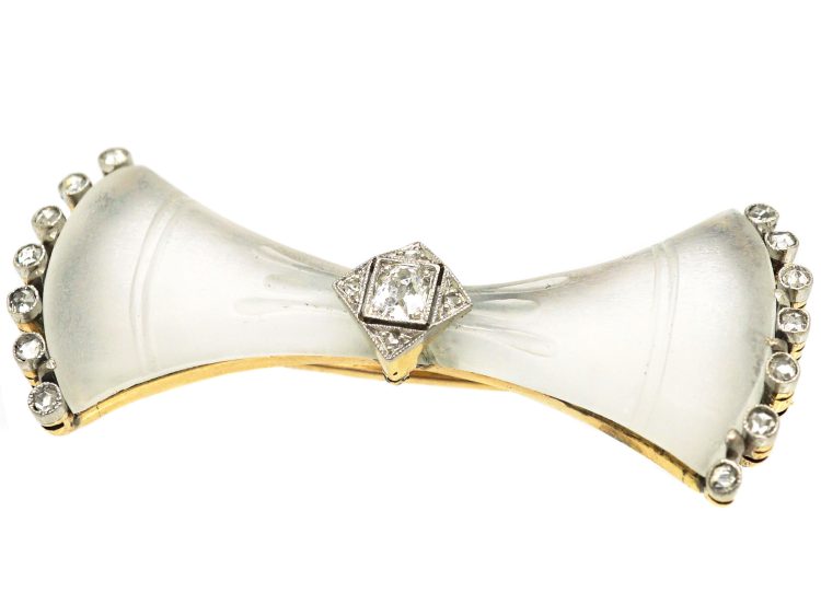 Art Deco 18ct Gold & Platinum Frosted Rock Crystal & Diamond Bow Brooch