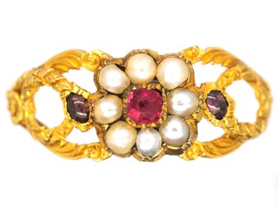 Early 19th Century 15ct Gold Pearl & Garnet Cluster Ring with Snakes on the Shoulders