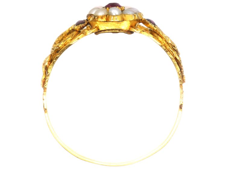 Early 19th Century 15ct Gold Pearl & Garnet Cluster Ring with Snakes on the Shoulders