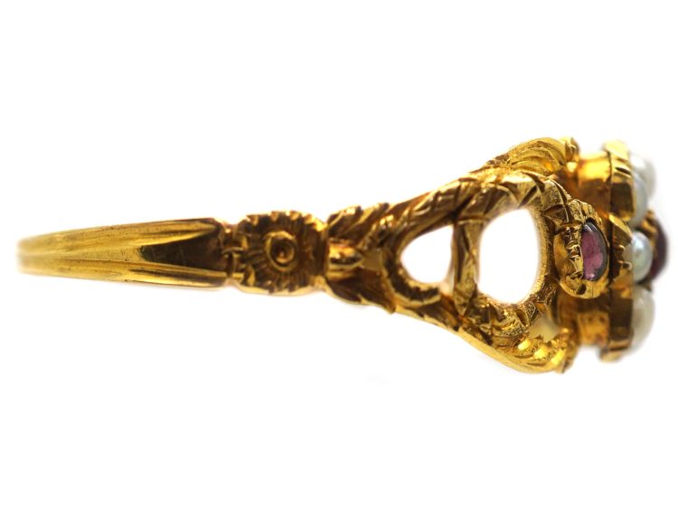 Early 19th Century 15ct Gold Pearl & Garnet Cluster Ring with Snakes on the Shoulders