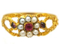 Early 19th Century 15ct Gold Pearl & Garnet Cluster Ring with Snakes on the Shoulders