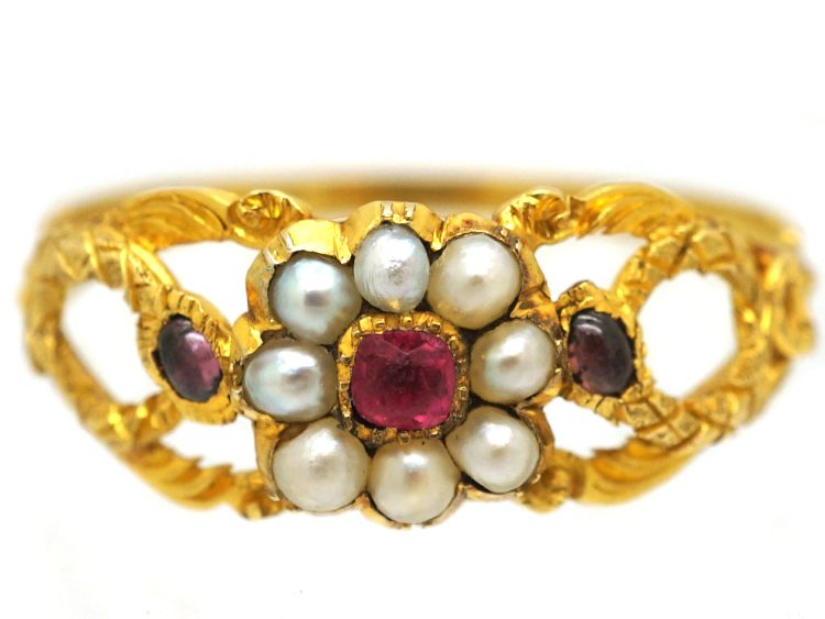 Early 19th Century 15ct Gold Pearl & Garnet Cluster Ring with Snakes on the Shoulders