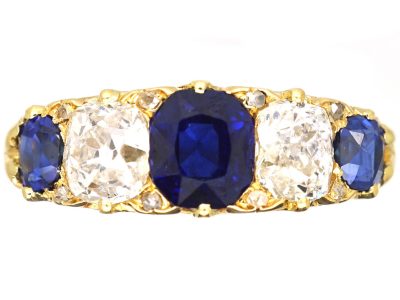 Victorian 18ct Gold, Five Stone Sapphire & Diamond Carved Half Hoop Ring