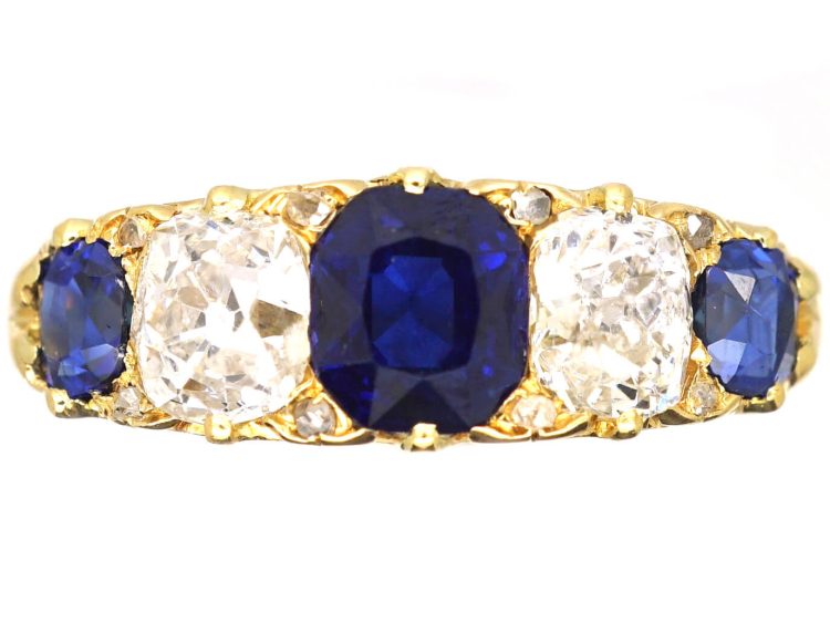 Victorian 18ct Gold, Five Stone Sapphire & Diamond Carved Half Hoop Ring