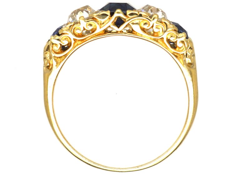 Victorian 18ct Gold, Five Stone Sapphire & Diamond Carved Half Hoop Ring