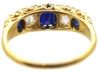 Victorian 18ct Gold, Five Stone Sapphire & Diamond Carved Half Hoop Ring