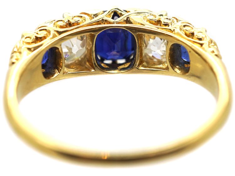 Victorian 18ct Gold, Five Stone Sapphire & Diamond Carved Half Hoop Ring