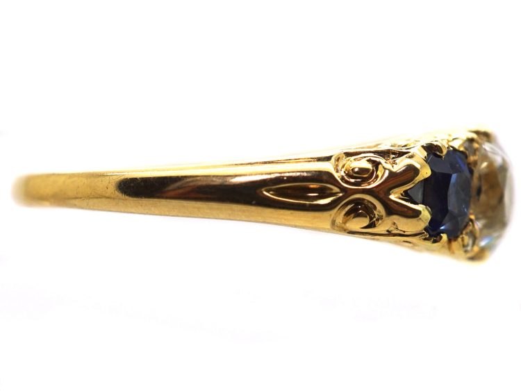 Victorian 18ct Gold, Five Stone Sapphire & Diamond Carved Half Hoop Ring