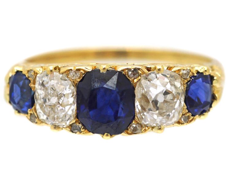 Victorian 18ct Gold, Five Stone Sapphire & Diamond Carved Half Hoop Ring