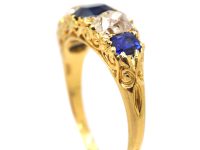 Victorian 18ct Gold, Five Stone Sapphire & Diamond Carved Half Hoop Ring